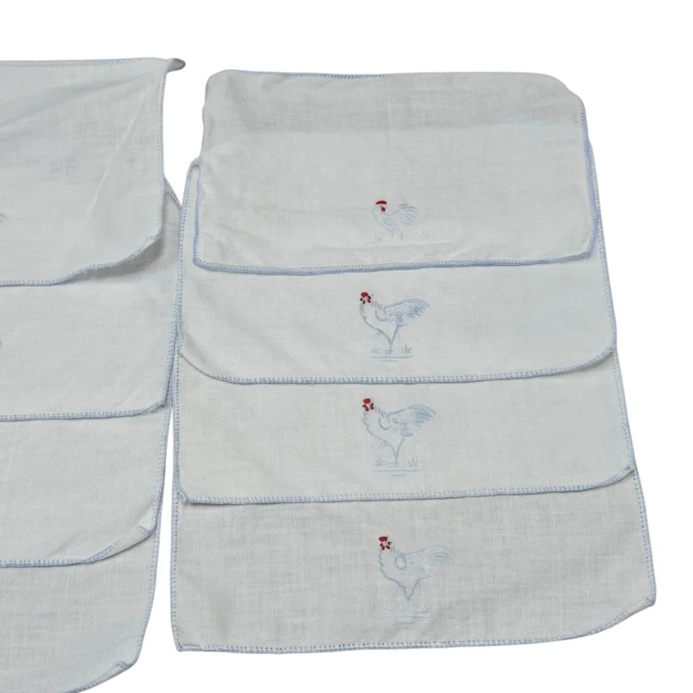 Vintage Country Set of 8 Embroidered Linen Cocktail Napkins‎ White Blue Chicken